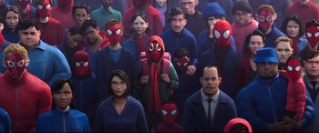Movie still from “Spider-Man: Into the Spider-Verse” (2018), directed by Peter Ramsey – A group of people that are dressed like spider - man; Medium shot, High angle