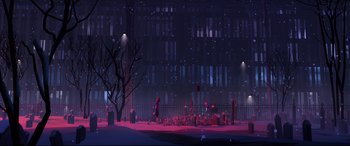 Movie still from “Spider-Man: Into the Spider-Verse” (2018), directed by Peter Ramsey – An animated scene of a city street at night; Extreme Wide shot, Low angle
