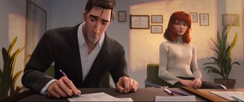 Movie still from “Spider-Man: Into the Spider-Verse” (2018), directed by Peter Ramsey – A man and a woman sitting at a table with papers; Medium shot, Over the shoulder angle
