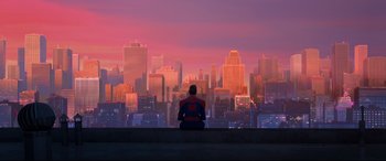 Movie still from “Spider-Man: Into the Spider-Verse” (2018), directed by Peter Ramsey – A man sitting on the edge of a ledge looking out over a city at night; Extreme Wide shot, Low angle