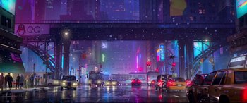 Movie still from “Spider-Man: Into the Spider-Verse” (2018), directed by Peter Ramsey – A city street filled with lots of traffic at night; Extreme Wide shot, Low angle
