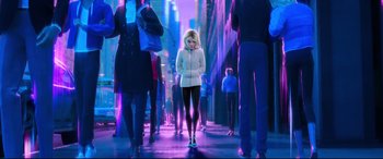 Movie still from “Spider-Man: Into the Spider-Verse” (2018), directed by Peter Ramsey – A woman standing in the middle of a crowd of people; Wide shot, Low angle