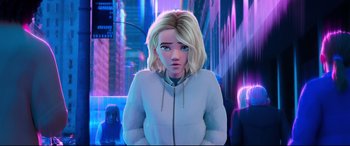 Movie still from “Spider-Man: Into the Spider-Verse” (2018), directed by Peter Ramsey – A woman with blonde hair and a white jacket; Medium shot, Over the shoulder angle