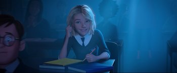 Movie still from “Spider-Man: Into the Spider-Verse” (2018), directed by Peter Ramsey – A girl sitting at a table with a pencil; Medium shot, Over the shoulder angle