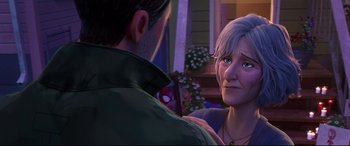 Movie still from “Spider-Man: Into the Spider-Verse” (2018), directed by Peter Ramsey – An older woman is talking to a younger man; Close Up shot, Over the shoulder angle
