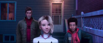 Movie still from “Spider-Man: Into the Spider-Verse” (2018), directed by Peter Ramsey – A group of people standing next to each other in front of a house; Medium shot, Over the shoulder angle