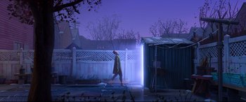 Movie still from “Spider-Man: Into the Spider-Verse” (2018), directed by Peter Ramsey – A man walking on a sidewalk near a shed; Extreme Wide shot, Low angle