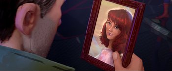 Movie still from “Spider-Man: Into the Spider-Verse” (2018), directed by Peter Ramsey – A man looking at a painting of a woman in a mirror; Extreme Close Up shot, Over the shoulder angle