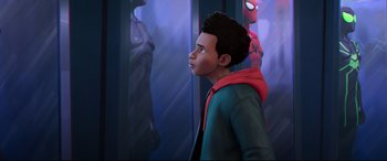 Movie still from “Spider-Man: Into the Spider-Verse” (2018), directed by Peter Ramsey – A young boy is looking into a mirror; Medium shot, Over the shoulder angle