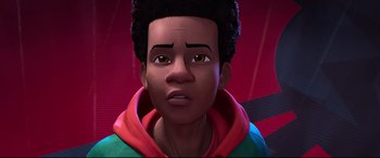 Movie still from “Spider-Man: Into the Spider-Verse” (2018), directed by Peter Ramsey – A person's face in a cartoon style; Close Up shot, High angle