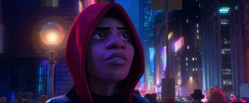 Movie still from “Spider-Man: Into the Spider-Verse” (2018), directed by Peter Ramsey – A man with a hood is looking up at the sky; Close Up shot, Low angle