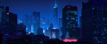 Movie still from “Spider-Man: Into the Spider-Verse” (2018), directed by Peter Ramsey – A view of a large city at night time; Extreme Wide shot, Low angle