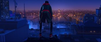 Movie still from “Spider-Man: Into the Spider-Verse” (2018), directed by Peter Ramsey – A man standing on the roof of a building overlooking a city; Wide shot, Low angle