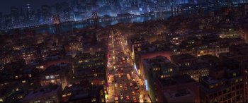 Movie still from “Spider-Man: Into the Spider-Verse” (2018), directed by Peter Ramsey – An aerial view of a city at night with lights; Extreme Wide shot, High angle