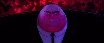 Movie still from “Spider-Man: Into the Spider-Verse” (2018), directed by Peter Ramsey – An image of an evil looking man in a suit and tie; Close Up shot, Low angle
