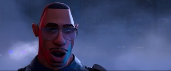 Movie still from “Spider-Man: Into the Spider-Verse” (2018), directed by Peter Ramsey – A man with glasses is looking straight ahead; Close Up shot, Over the shoulder angle