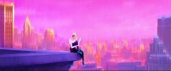 Movie still from “Spider-Man: Into the Spider-Verse” (2018), directed by Peter Ramsey – A woman sitting on top of a building in front of a city skyline; Wide shot, Low angle