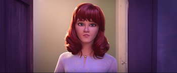 Movie still from “Spider-Man: Into the Spider-Verse” (2018), directed by Peter Ramsey – An animated woman with red hair and blue eyes; Close Up shot, Over the shoulder angle