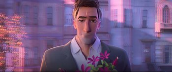 Movie still from “Spider-Man: Into the Spider-Verse” (2018), directed by Peter Ramsey – A man holding a bouquet of flowers in front of a building; Close Up shot, Low angle