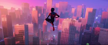 Movie still from “Spider-Man: Into the Spider-Verse” (2018), directed by Peter Ramsey – A man flying through the air over a city; Wide shot, Low angle