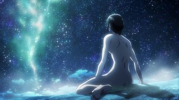 Movie still from “Attack on Titan” (2013), directed by Masashi Koizuka – A woman sitting on the ground in front of a sky filled with stars; Wide shot, Low angle