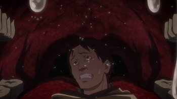 Movie still from “Attack on Titan” (2013), directed by Masashi Koizuka – An animated man is crying under an umbrella; Close Up shot, Overhead angle
