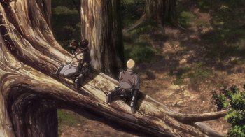Movie still from “Attack on Titan” (2013), directed by Masashi Koizuka – A couple of people sitting on top of a tree; Wide shot, High angle