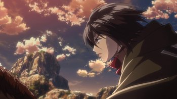 Movie still from “Attack on Titan” (2013), directed by Masashi Koizuka – A person looking at the sky; Close Up shot, Low angle