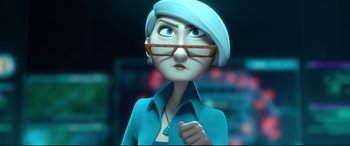 Movie still from “Spies in Disguise” (2019), directed by Troy Quane – An animated woman wearing glasses and a blue shirt; Close Up shot, Over the shoulder angle
