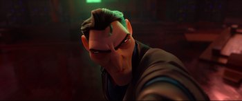 Movie still from “Spies in Disguise” (2019), directed by Troy Quane – An animated character is taking a selfie with his phone; Close Up shot, Over the shoulder angle