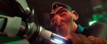 Movie still from “Spies in Disguise” (2019), directed by Troy Quane – An animated picture of a man holding a gun; Close Up shot, Low angle