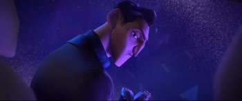 Movie still from “Spies in Disguise” (2019), directed by Troy Quane – A person with a cell phone; Close Up shot, Low angle