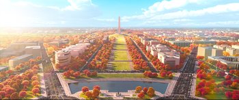 Movie still from “Spies in Disguise” (2019), directed by Troy Quane – An aerial view of the national mall in washington , d; Extreme Wide shot, High angle