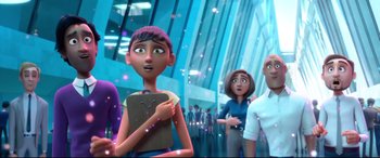 Movie still from “Spies in Disguise” (2019), directed by Troy Quane – A group of people standing in front of a glass building; Medium shot, Over the shoulder angle