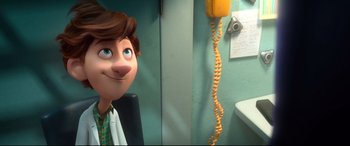 Movie still from “Spies in Disguise” (2019), directed by Troy Quane – A person's face in a bathroom; Close Up shot, Over the shoulder angle