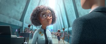 Movie still from “Spies in Disguise” (2019), directed by Troy Quane – An animated woman in a police officer uniform looks at a crowd of onlookers; Medium shot, Over the shoulder angle