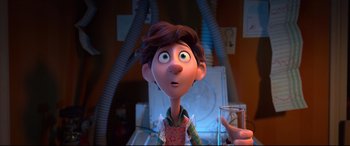 Movie still from “Spies in Disguise” (2019), directed by Troy Quane – A person holding a glass in front of him; Close Up shot, Over the shoulder angle