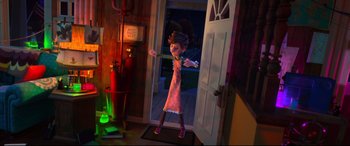 Movie still from “Spies in Disguise” (2019), directed by Troy Quane – A woman standing in front of an open door; Wide shot, High angle