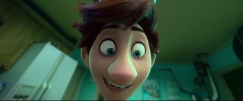 Movie still from “Spies in Disguise” (2019), directed by Troy Quane – View of a person's face in a cartoon; Close Up shot, Low angle