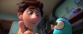 Movie still from “Spies in Disguise” (2019), directed by Troy Quane – A person's face with a bird next to it; Close Up shot, Over the shoulder angle