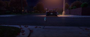 Movie still from “Spies in Disguise” (2019), directed by Troy Quane – A car parked on the side of the road at night; Extreme Wide shot, High angle