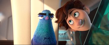Movie still from “Spies in Disguise” (2019), directed by Troy Quane – A stuffed bird next to a woman; Close Up shot, Over the shoulder angle