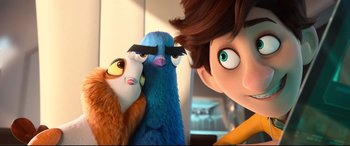 Movie still from “Spies in Disguise” (2019), directed by Troy Quane – A group of stuffed animals looking at each other in a room; Close Up shot, Over the shoulder angle