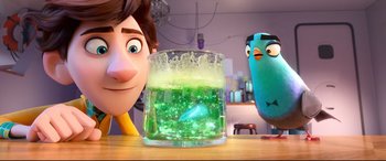Movie still from “Spies in Disguise” (2019), directed by Troy Quane – A green liquid in a glass next to a blue bird; Medium shot, Over the shoulder angle