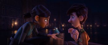 Movie still from “Spies in Disguise” (2019), directed by Troy Quane – A couple of people that are looking at a small bird; Medium shot, Over the shoulder angle