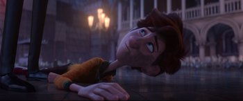 Movie still from “Spies in Disguise” (2019), directed by Troy Quane – A person laying on the ground; Close Up shot, Overhead angle