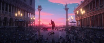 Movie still from “Spies in Disguise” (2019), directed by Troy Quane – A crowd of people sitting in a plaza at sunset; Extreme Wide shot, Low angle