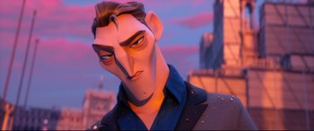 Movie still from “Spies in Disguise” (2019), directed by Troy Quane – A character's face in a cartoon; Close Up shot, Over the shoulder angle