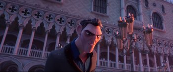 Movie still from “Spies in Disguise” (2019), directed by Troy Quane – A man in a suit and tie standing in front of a building; Medium shot, Low angle