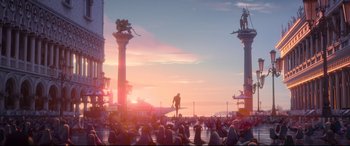 Movie still from “Spies in Disguise” (2019), directed by Troy Quane – A crowd of people sitting in front of a sunset; Extreme Wide shot, Low angle